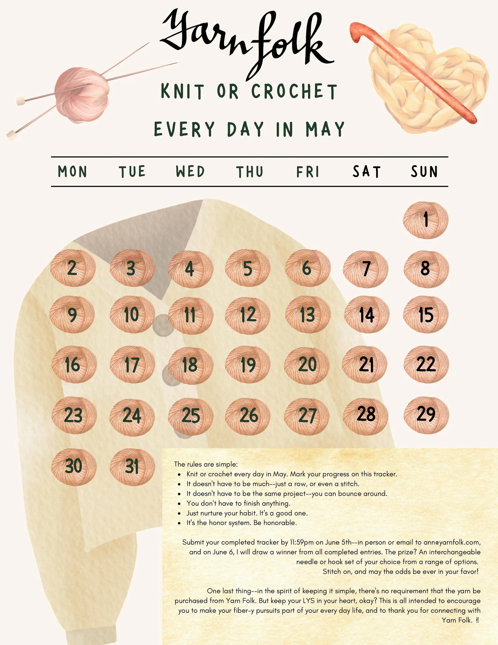 4 Day KAL yarn suggestions--and it's time to send in your Knit or Crochet Every Day in May entries! Yarn Folk