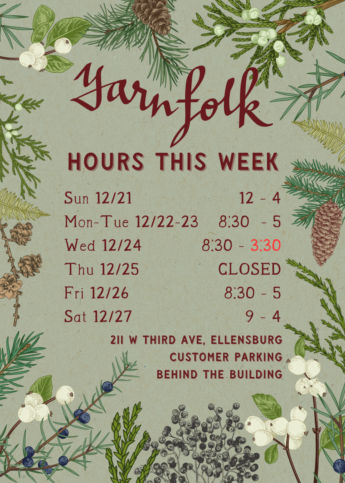 Plan Your Visit: Yarn Folk’s Holiday Hours Inside