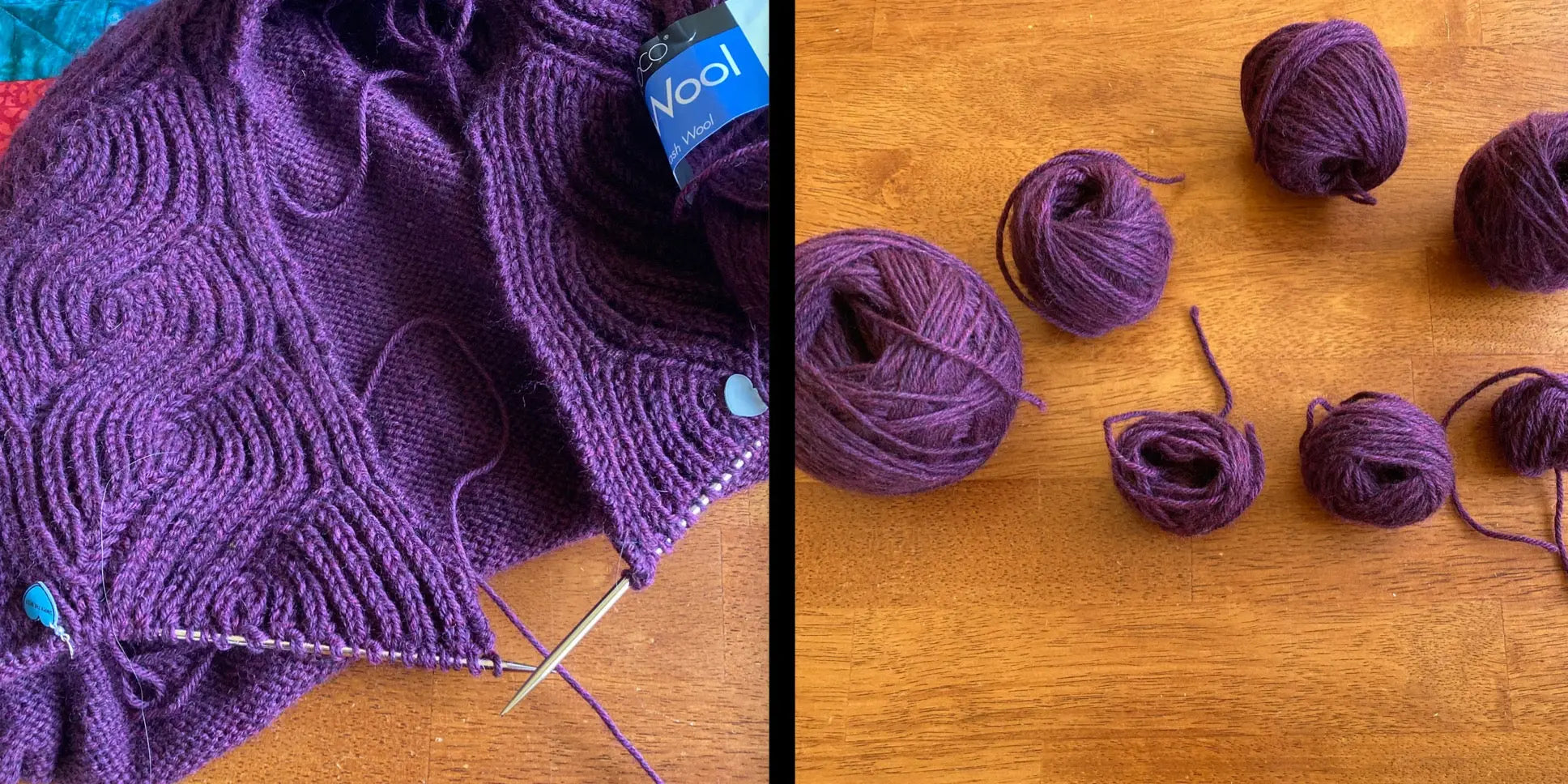 Split image of a partially completed deep plum sweater with brioche lapels on the left, and seven small hand wound balls on the right after the project was frogged in order to correct a catastrophic mistake.