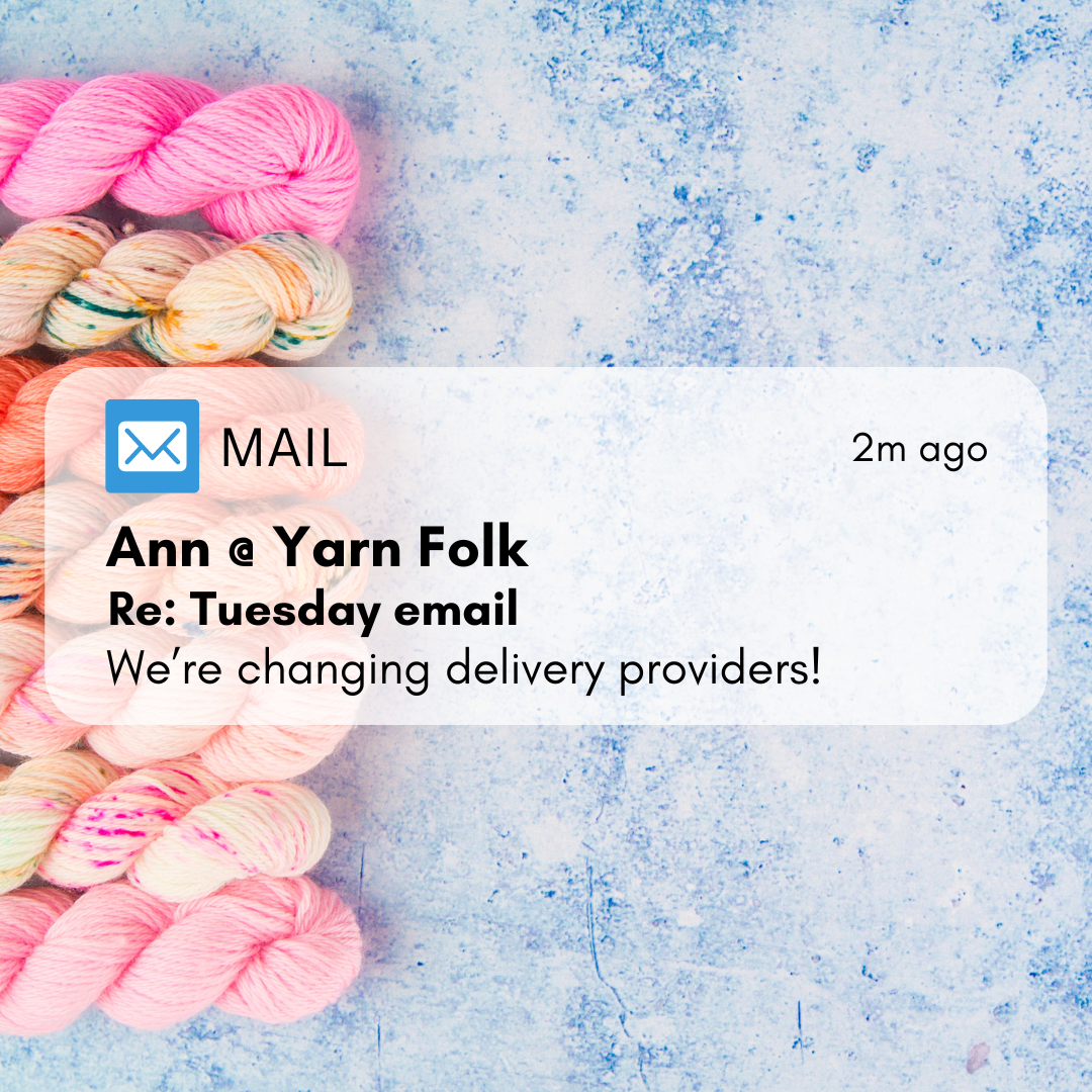 simulated mobile phone notification for an email message from Yarn Folk, floating on a sky blue background with seven skeins of pink speckled laying flat at the left